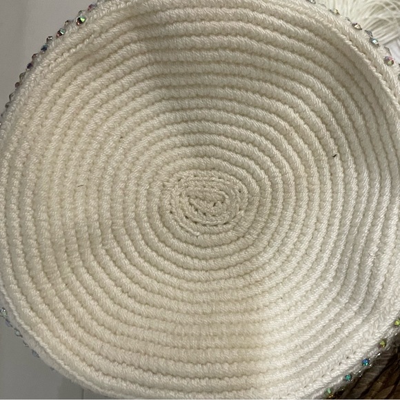 Artisan Boho Crochet Macrame Drawstring Ivory Bag with Tassels and Rhinestones - Picture 12 of 12